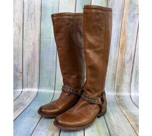 Frye Brown Leather Phillip Studded Harness Tall Boots Size 7.5 Vintage Back Zip